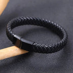 Black Leather & Steel Braided Bracelet